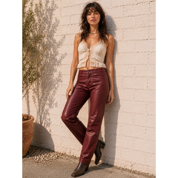 Chadwick's Pants - Vintage Red Leather Pants Straight Leg High Rise Minimalist 90s Size 8